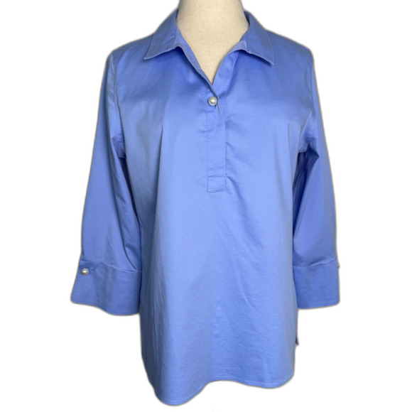 Chico's No Iron Chic Stretch Sz 3 (16) Blue Collared Tunic Large Pearl Buttons - Picture 1 of 12